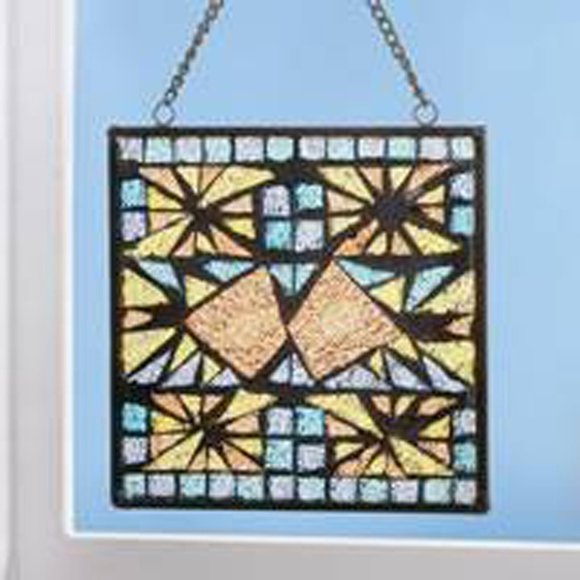 Genuine Stained Glass Mosaic Kissing Fish Suncatcher  8" Sq, NEW in Box Vintage - Picture 3 of 9